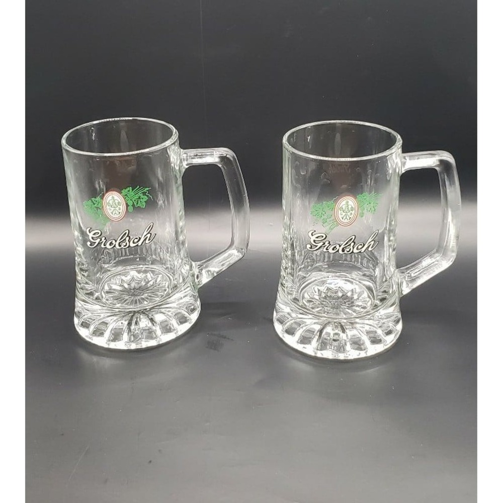 Grolsch Beer‎ Mugs Set of 2 Clear Glass Tankards F.I.V.E. Italy Sunburst Base